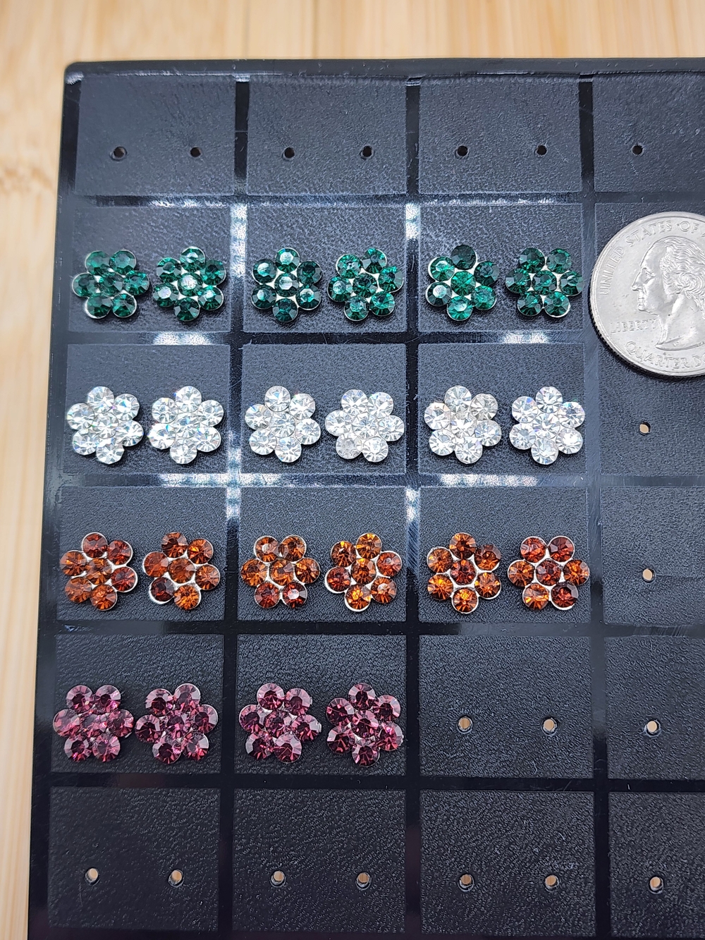 Lot Of 11 Pair Crystal Flower Stud Earrings - Green, Clear, Orange, Pink - 0644